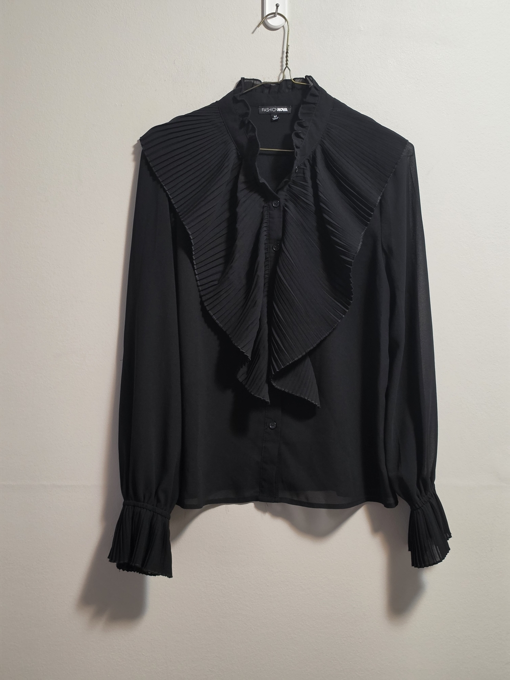 Fashion Nova Black Pleated Dramatic Ruffle Front Long Sleeves Blouse